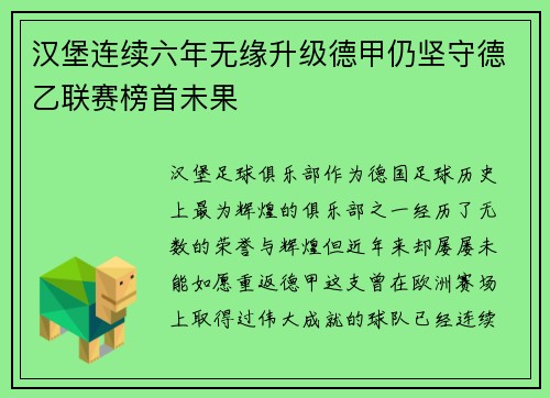 汉堡连续六年无缘升级德甲仍坚守德乙联赛榜首未果